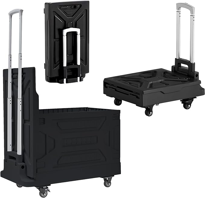 VECELO 23 GAL Large Capacity Foldable Utility Cart with Wheels - Heavy Duty Collapsible Rolling Cart for Shopping, Travel, Office & Home - Portable Luggage Cart with Telescoping Handle, Black