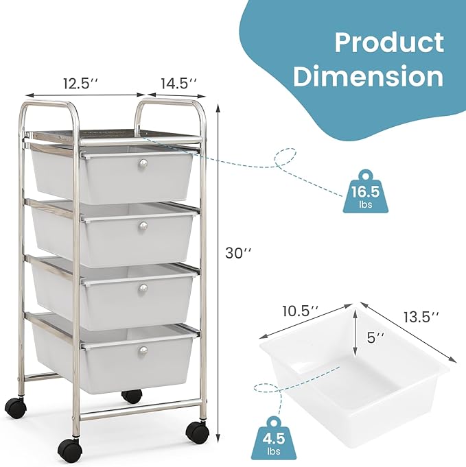 COSTWAY Rolling Storage Cart with 4 Drawers, Plastic Storage Cart and Organizer w/ 4 Removable Drawers, Multipurpose Organizer Cart for Home Scrapbook Paper Office School Tools (Clear)