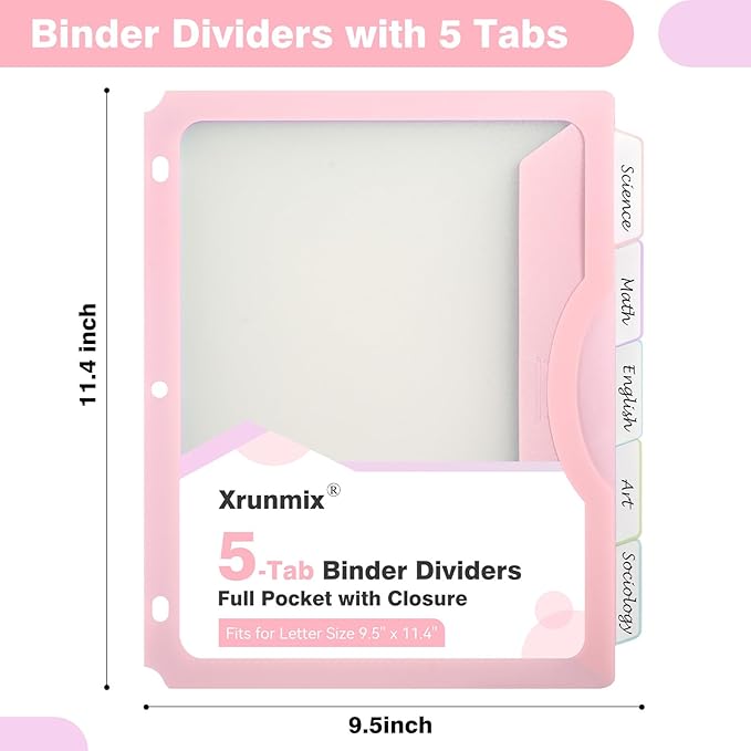 5-Tab Dividers with One Full Pocket, 5 Counts Binder Dividers, 8.5 x 11'' Dividers for 3 Ring Binder 1''/2'' Recipe Binder Dividers with 5 Tabs for Back to School, Pastel Color (1)