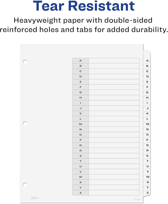 Avery A-Z 26 Tab Dividers for 3 Ring Binders, Customizable Table of Contents, Classic White Tabs, 1 Set (11828)