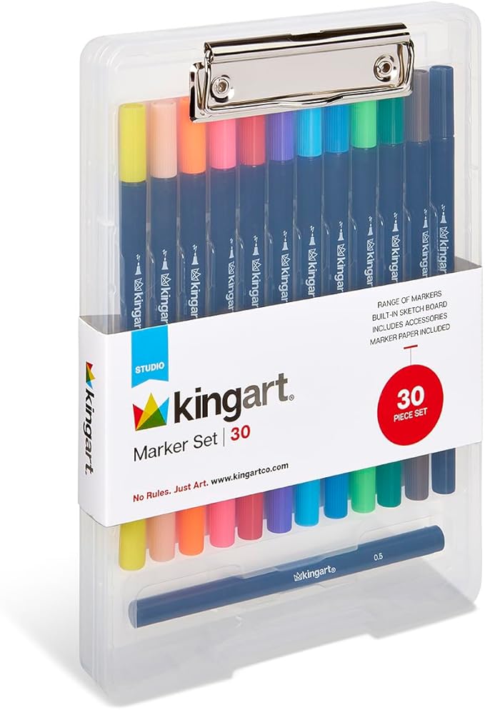 KINGART Studio Marker Set with Drawing Board Case, 30 Pcs, Twin-Tip Markers, Drawing Board with 16 Sheets