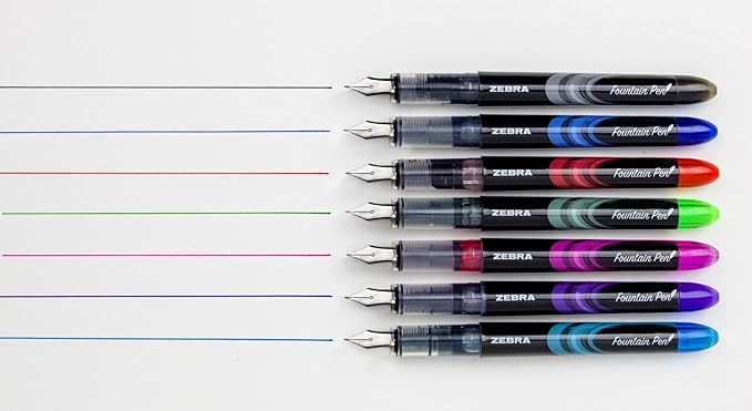 Zebra Pen, Fountain Pen, 0.6mm Fine Point, Stainless Steel Nib, Preloaded Assorted Ink, Smooth Ink Flow, Vibrant Assorted Barrels, No Cartridge Needed, 7-Pack (48307)