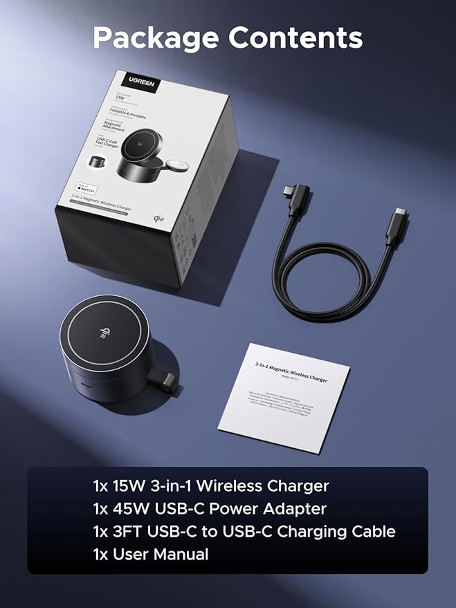 UGREEN Qi2 15W 3-in-1 Wireless Charger for iPhone 17/16/15/14/13/12 Series, Magnetic Foldable Charging Station for Apple Watch, AirPods, MagSafe Compatible Fast Charging Dock, Travel-Friendly Design