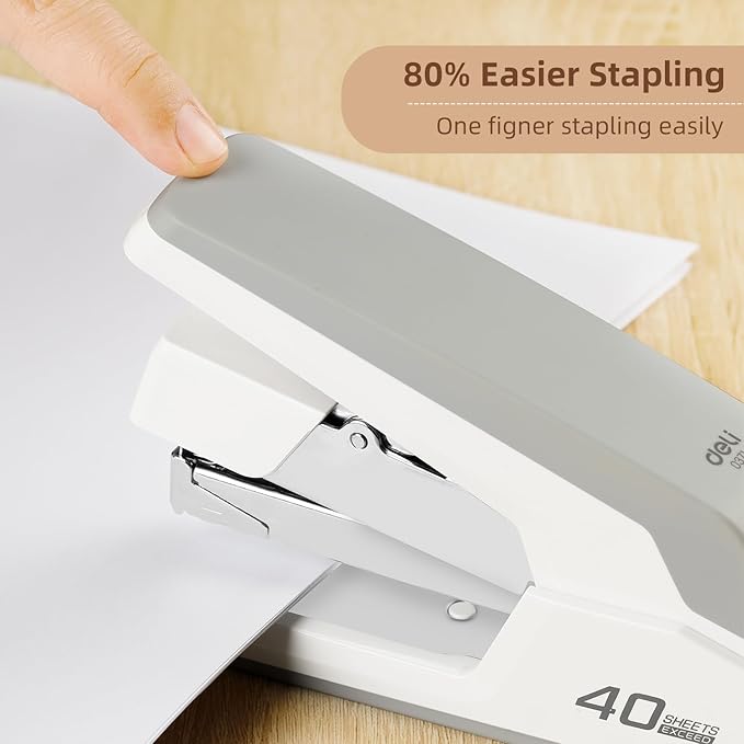 Deli Effortless Desktop Stapler, Heavy Duty Stapler, 40-50 Sheet Capacity, One Finger, No Effort, Includes Staples & Staple Remover, White