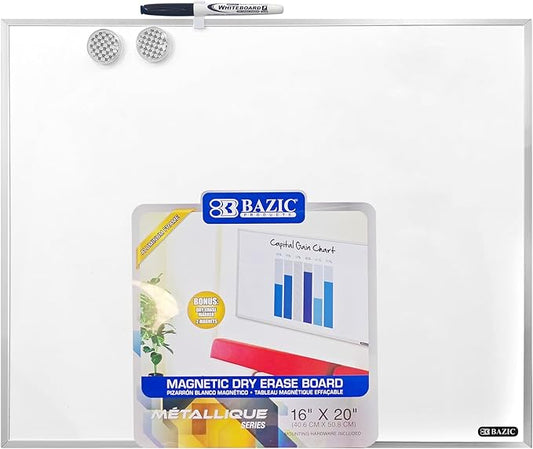 BAZIC Products Magnetic Dry Erase Board Aluminium Frame 16"x20", Whiteboard, Dry Erase Marker, Magnet, for Teacher Office Home, 6-Pack