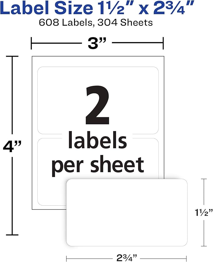 Avery Multi-Use Permanent Labels, 1.5" x 2.75", White, Non-Printable, 8 Packs, 608 Blank Labels Total (21924)