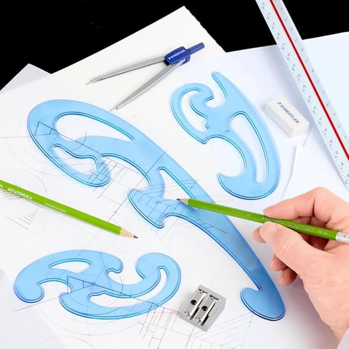 STAEDTLER Mars Professional French Curve Design Ruler Set for Pattern Making 6-Pack (6 Sets of 3 pcs), 3 Essential A B C Shapes, Blue Transparent Plastic with Inking Edge, 18 Count