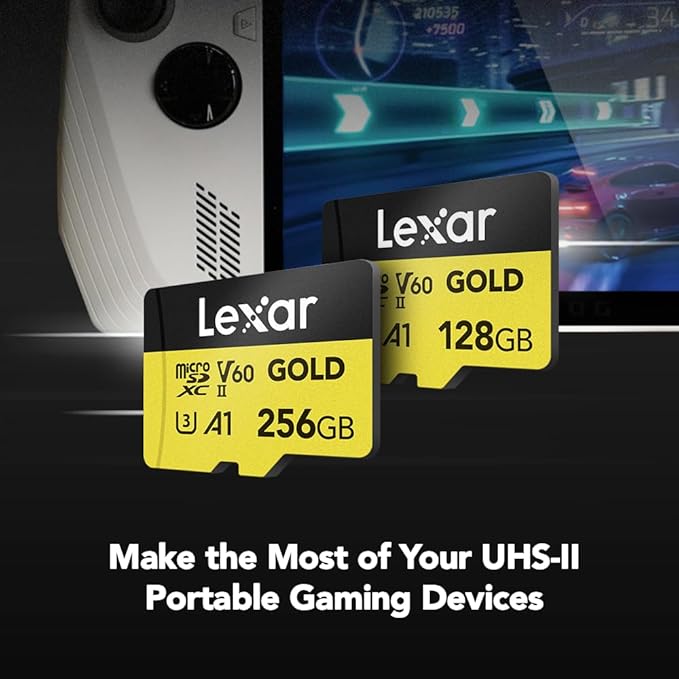 Lexar 128GB Professional Gold Micro SD Card, UHS-II, C10, U3, V60, A1, Full HD, 4K, Up to 280/100 MB/s microSDXC Memory Card, for Drones, Action Cameras, Portable Gaming Devices (LMSGOLD128G-BNNNG)