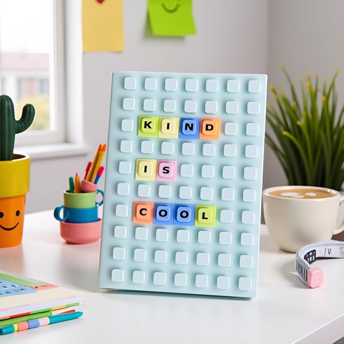Pearhead Customizable Letterboard Journal with Silicone Cover – Fidget Notebook with Letters and Symbols, Lined Pages for Writing & Planning, Blue