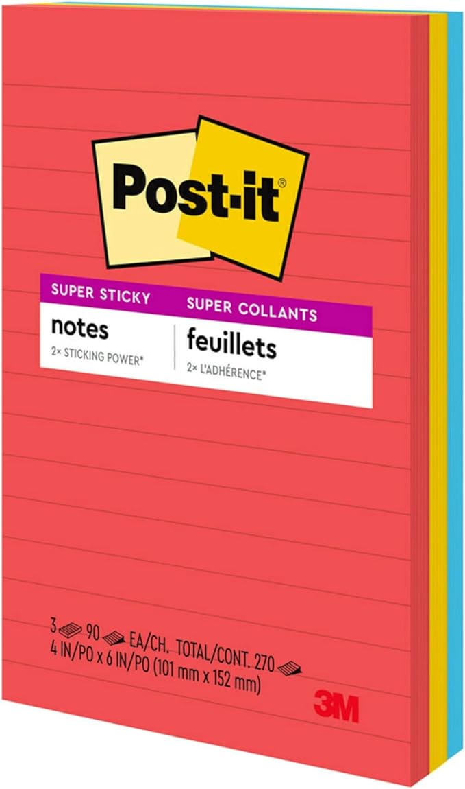 Post-it Super Sticky Notes, Assorted Sizes, 13 Pads, 2X The Sticking Power, Playful Primaries, Primary Colors (Red, Yellow, Green, Blue, Purple), Recyclable (4623-13SSAU) (Pack of 2)