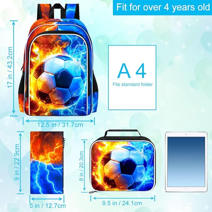 gxtvo 3PCS Soccer Backpack for Kids, 17" Boys Bookbag with Lunch Box, Water Resistant Middle Elementary School Bag - Fire & Lightning Soccer