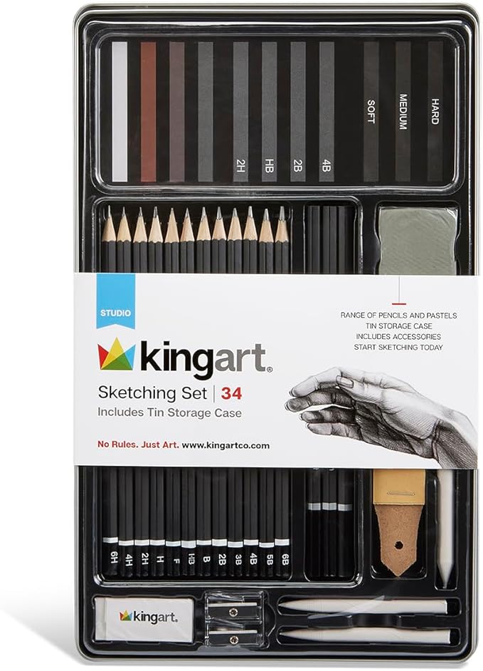KINGART® Studio Sketching Set, 34 Piece Sketching Tools and Detailing Accessories, Art Supplies for Professional, Student, and Hobbyist Drawing