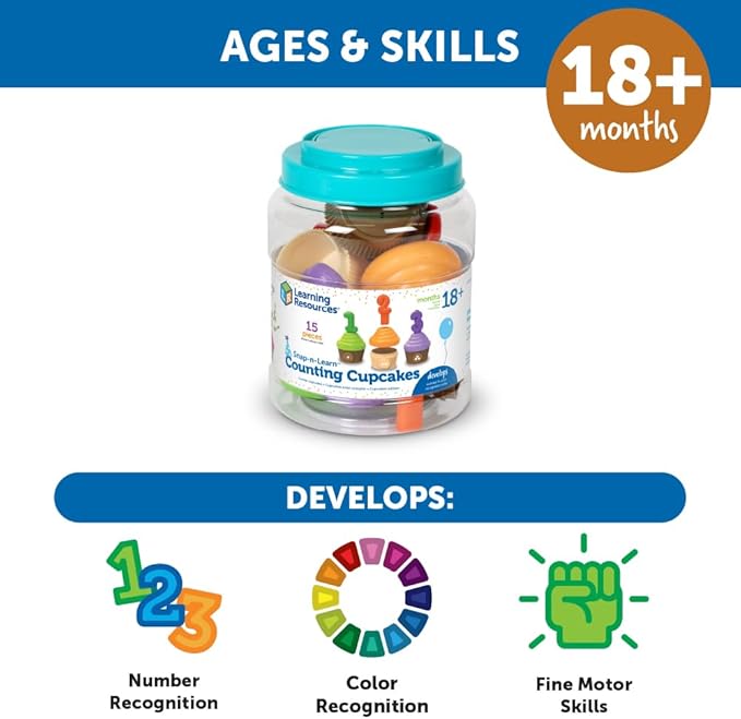 Learning Resources Counting Cupcakes - Number and Color Recognition Skills, Kitchen Play Food for Kids, Fine Motor Skills, Matching Toys, Homeschool, Birthday Gifts for Boys and Girls