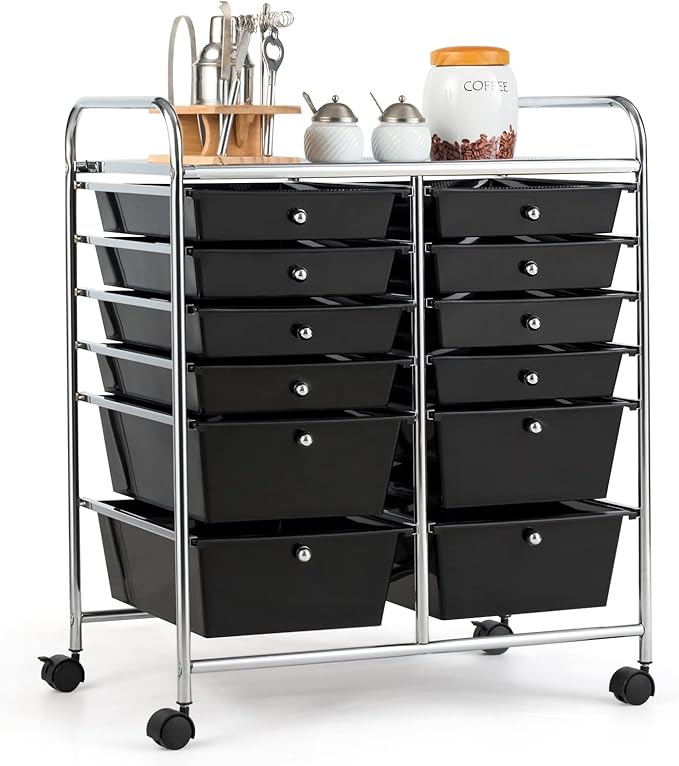 COSTWAY 12-Drawer Rolling Storage Cart, Moveable Art Craft Organizer W/Lockable Wheels, Metal Shelf, Files Arrangement Tools Makeup Storage Cart for Office, Home, School (Black)