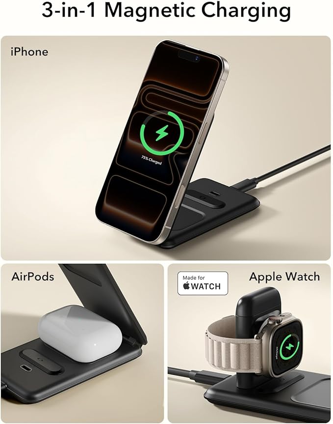 ESR 3 in 1 Charging Station for Apple, Certified Apple Watch Charger, 15W MagSafe Charger Stand for iPhone, Travel Charger for iPhone 17/16/15/14/13, Watch, AirPods,Black