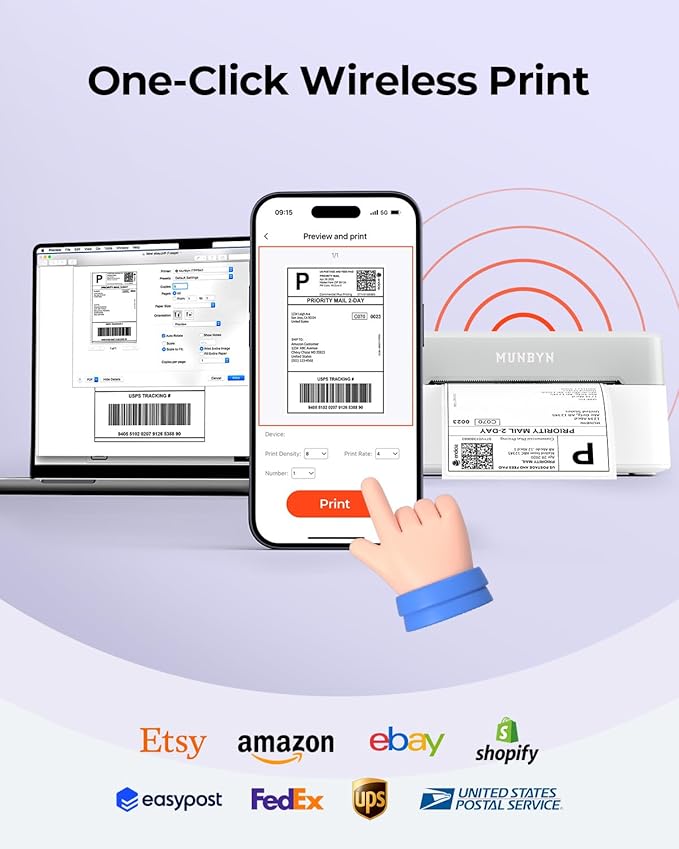 MUNBYN Bluetooth Thermal Label Printer RW403B, Wireless 4x6 Shipping Label Printer for Small Business, Compatible with Android, iPhone, Windows, Mac, Chromebook, Print Width 1.57"-4.25" (Grey)