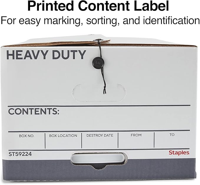 STAPLES Heavy Duty File Box, String and Button Lid, Legal, White/Gray, 4/Pack
