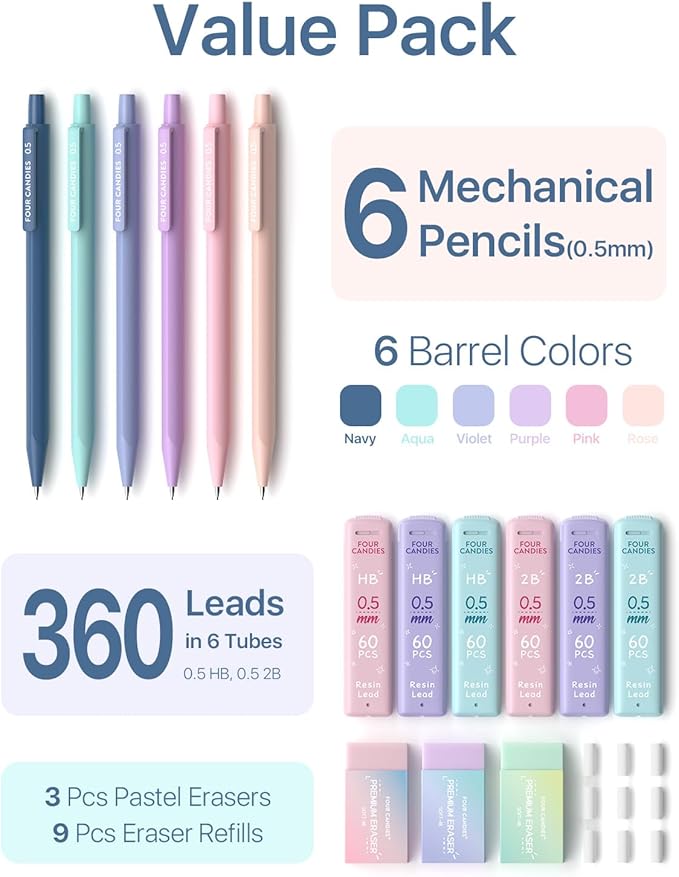 Four Candies Mechanical Pencils 0.5, with HB & 2B Lead Refills 0.5mm, Pastel Eraser Set & Eraser Refills, 16-Count Pack with Case, Cute Aesthetic School Supplies for Writing, Drawing and Drafting