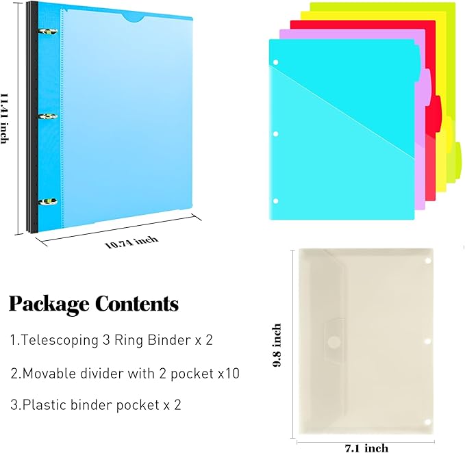 INFUN 1 Inch Telescoping Project Organizer Binder-2PCS,13 Pocket, Customizable Front Cover, 5 Colors Pocket Divider and Plastic Binder Pocket，225 Sheet Capacity-Blue
