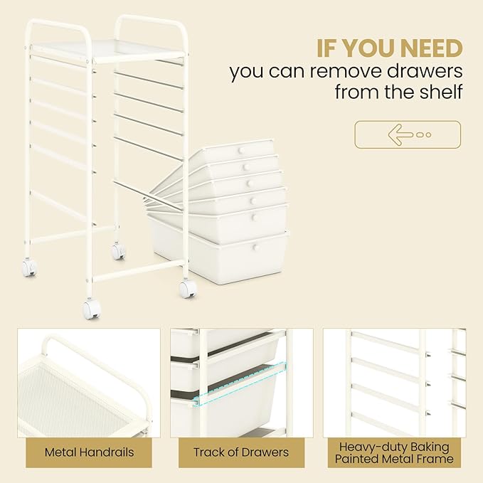 COSTWAY 6-Drawer Rolling Storage Cart, Multifunctional Art Craft Tools Organizer on Wheels, Heavy Duty Utility Mobile Storage Trolley w/ 2 Lockable Wheels for Home Office School (White)