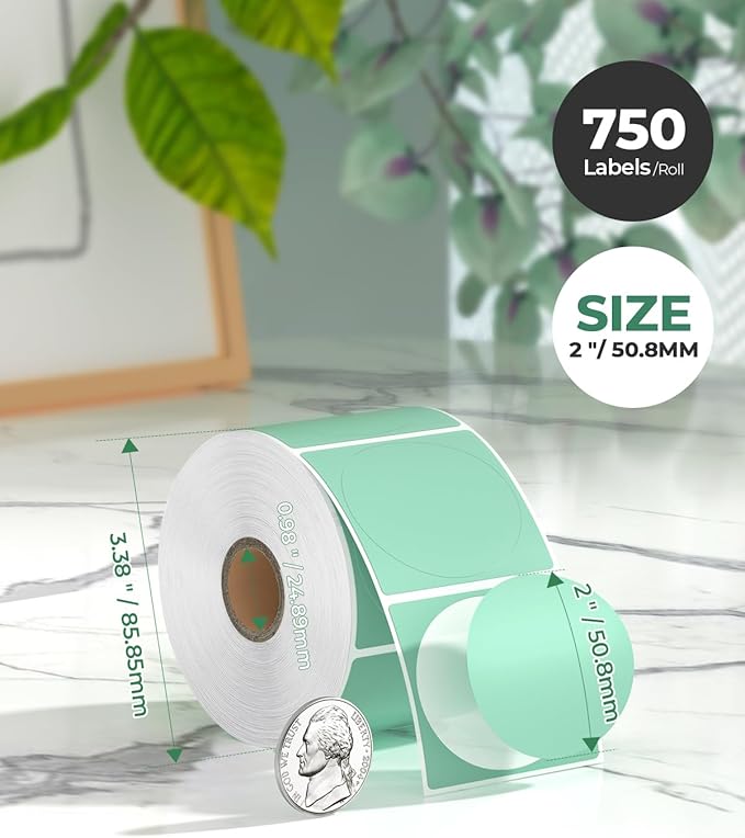 MUNBYN 2 Inch Green Circle Thermal Sticker Labels, Self-Adhesive Round Direct Thermal Labels, Multi-Purpose Roll Sticker Labels for DIY Logo Design, QR Code, Name Tag, Inventory-750 Labels/1 Roll