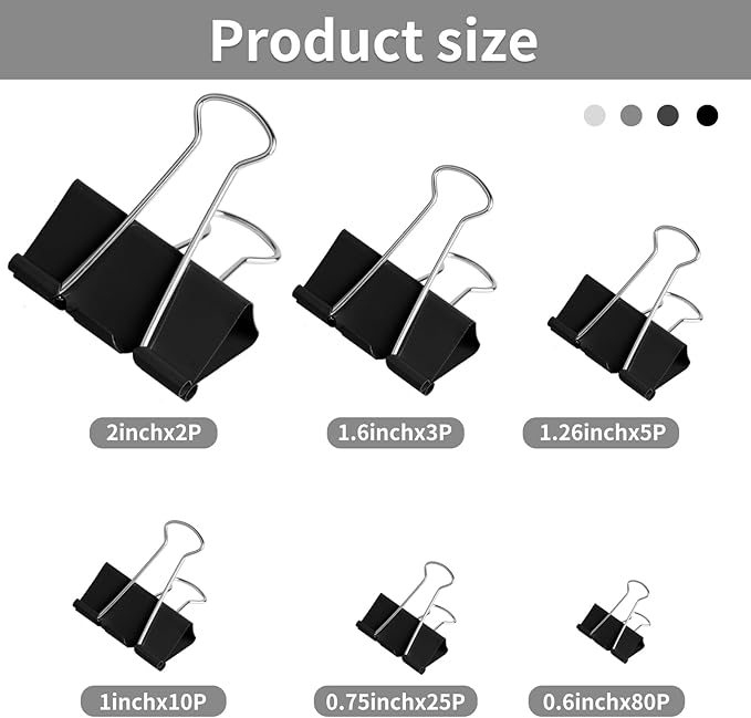 125Pcs Binder Clips Colored, Binder Clips Assorted Sizes, 6 Sizes Binder Paper Clips for Office Supplies/Home/School (Black)