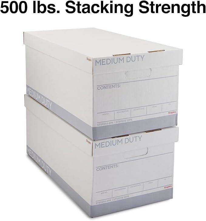 STAPLES Storage & Filing Box, Medium-Duty with Handles & Removeable Lid, Letter Size Documents, Stackable, 12-Pack, White/Gray