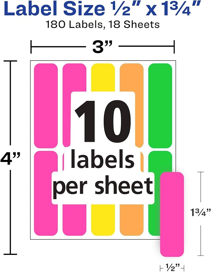 Avery Color-Coding Removable Labels, 1/2" x 1-3/4", Assorted Neon Colors, Non-Printable, 180 Blank Labels Total (6724)