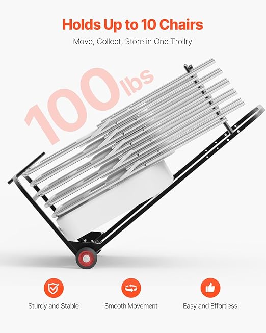 VEVOR Folding Chair Rack, 100 LBS Capacity, Heavy-Duty Chair Cart for Hanging 10 Chairs, Multi-Function Metal Chair Storage Dolly with Rubber Wheels, Push-Style Chair Holder, Matte Black