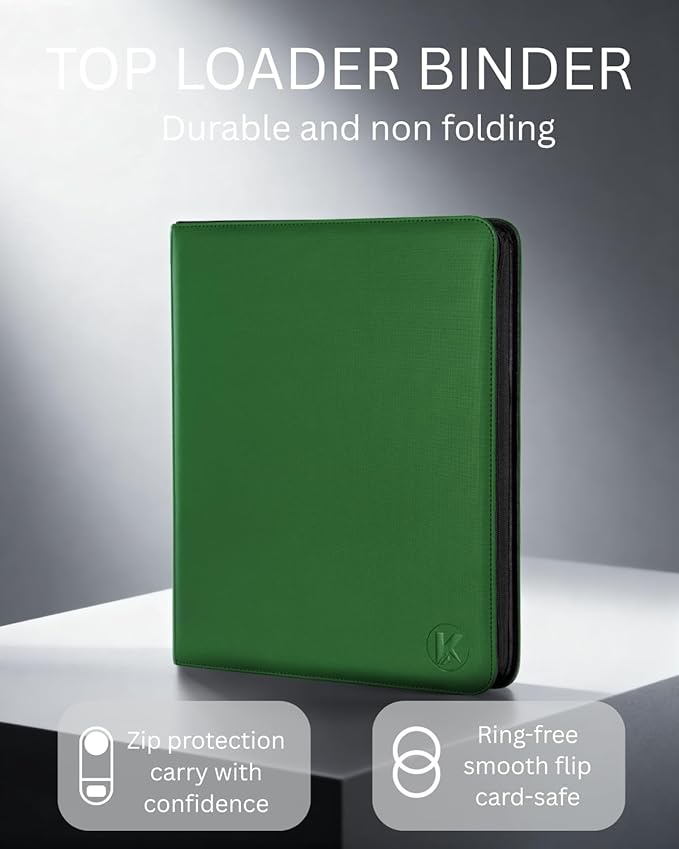 Top loader Binder - Holds 288+ Top Loaders for Cards, 9 Pocket Top Loader Binders with Sleeves for 3" x 4" Rigid Card Holders for Baseball, Football and other Sports Cards (Green)
