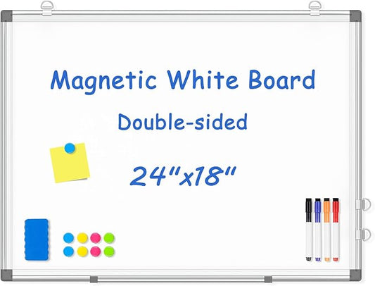 WALGLASS Double-Sided White Board, 24" x 18" Dry Erase Board Magnetic Whiteboard for Wall, Hanging Mounted Whiteboard Silver Aluminium Frame for Home, School, Office, Kitchen