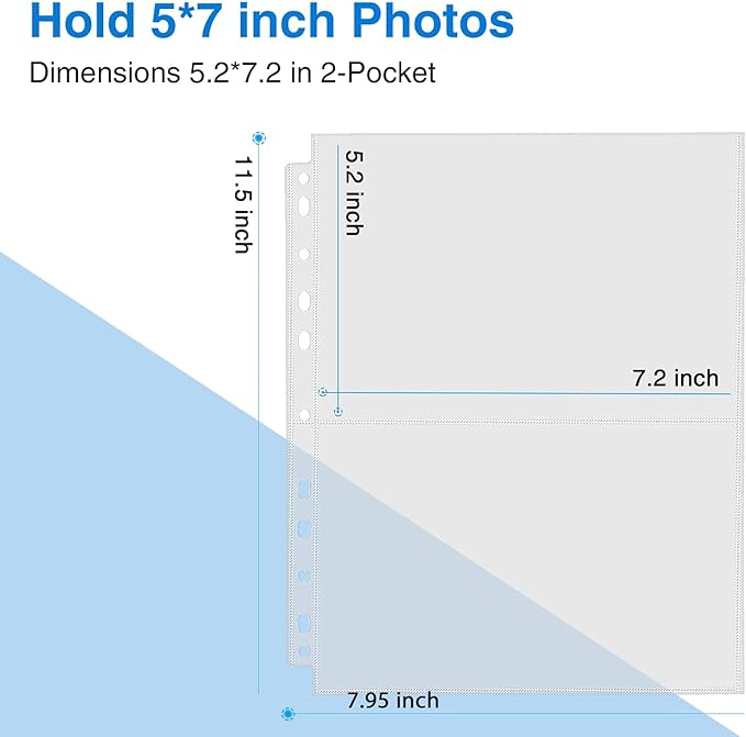 Sooez 60 Pack Heavy Duty Photos or Postcards Page Protectors, Plastic Clear Photo Holder Sleeves for 3 Ring Binder, Two 5'' x 7'' Pockets Per Page, Load from Top Perfect for Checking & Organizing