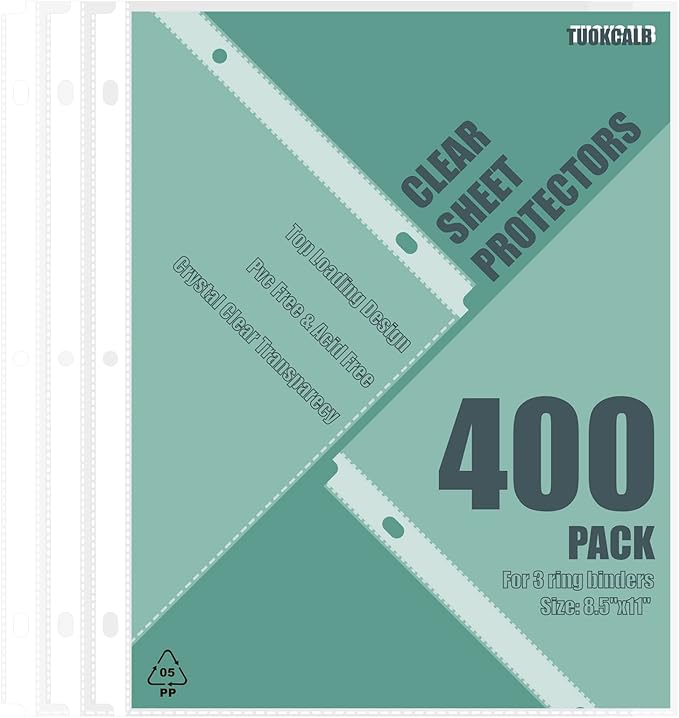 400 Pack Clear Sheet Protectors for 3 Ring Binder, Polypropylene Acid-Free Material, 8.5 x 11 Inch Letter Size, Protector of Your Documents