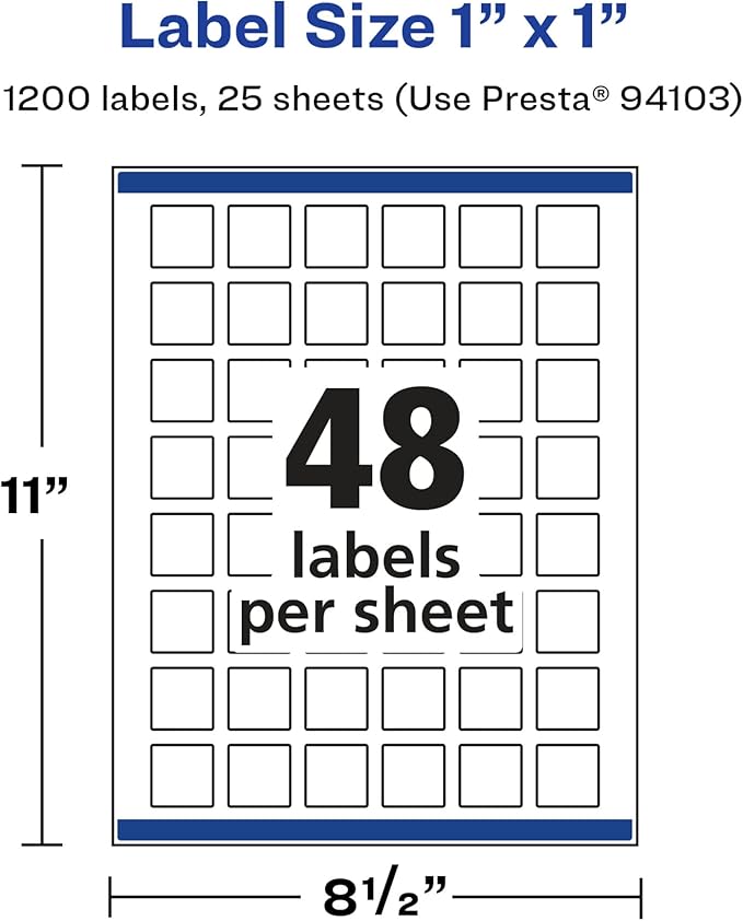 Avery Glossy White Square Labels, Sure Feed Technology, 1" x 1", 1,200 Glossy White Labels, Print-to-The-Edge, Permanent Adhesive, Laser/Inkjet Printable