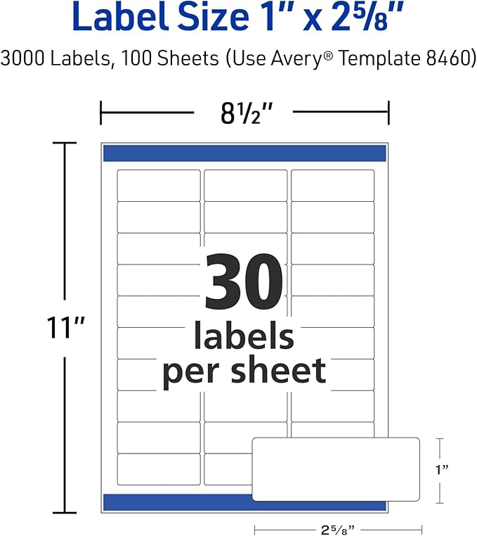 Avery Easy Peel Printable Address Labels with Sure Feed, 1" x 2-5/8" Customizable Stickers, White, 3,000 Blank Mailing Labels per Pack, Great for Mailing, Shipping, and More (5-Pack of 8460)