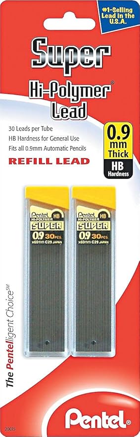 Pentel Super Hi-Polymer Lead Refill, 0.9 mm Thick, HB, 60 Pieces of Lead (C29BPHB2), Gray