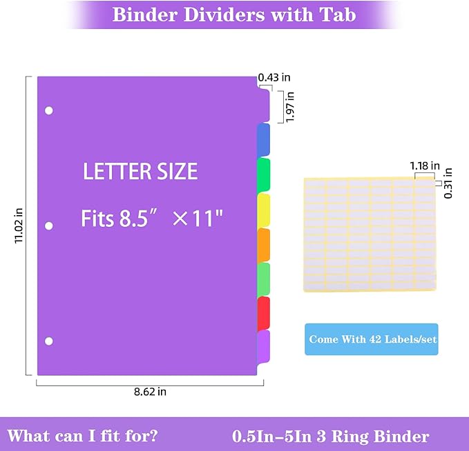 24PCS/3 Set 3-Ring Binder Dividers with Tabs,8 Tab Plastic File Dividers,Binder Separators with tabs for Office/School Supplies