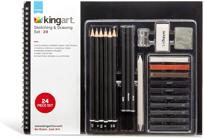 KINGART 24 Pc Sketching & Drawing Art Kit Combo w/Sketchbook, Graphite & Charcoal Pencils, Professional Supplies for All Skill Levels