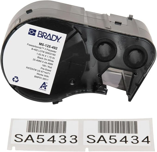 Brady FreezerBondz™ Polyester Pre-Sized Labels for Label Printer BMP51/BMP53/M511-180 Self Adhesive Printer Labels - Black on White (44,45 mm (W) x 25,40 mm (H)) - M5-125-492