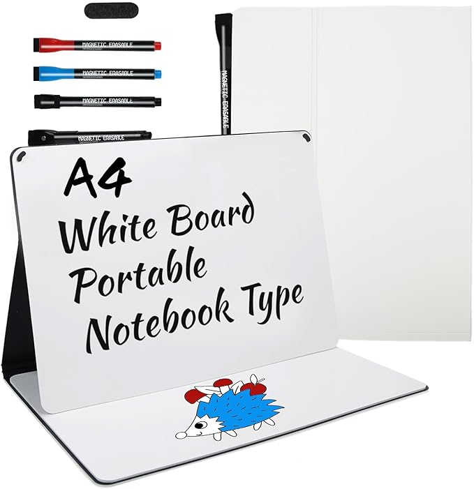 Portable White Board Small Dry Erase Board, 9" x 12" Double Sided Folding Whiteboards with 3 Pens, A4 Reusable Notebook with Storage Mesh Bag for Study, Meeting, Draft, Notes, Doodling