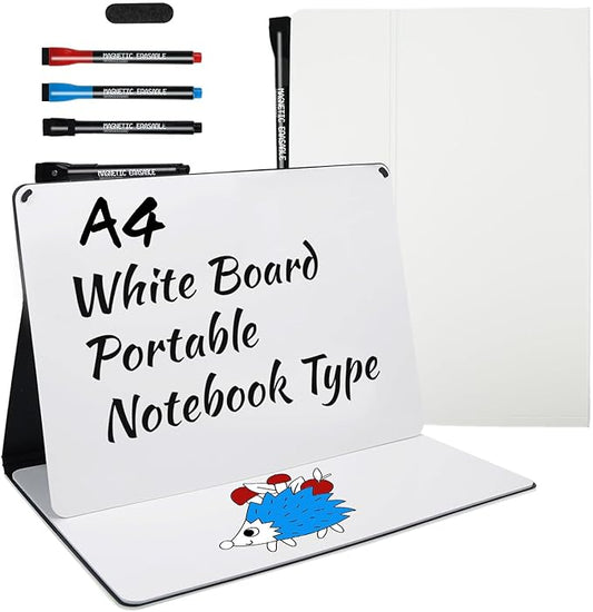 Portable White Board Small Dry Erase Board, 9" x 12" Double Sided Folding Whiteboards with 3 Pens, A4 Reusable Notebook with Storage Mesh Bag for Study, Meeting, Draft, Notes, Doodling