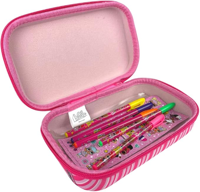 LOL Surprise Doll Pencil Case Set with LOL Stickers and Gel Pens for Girls, Molded with Zip Closure, Pink