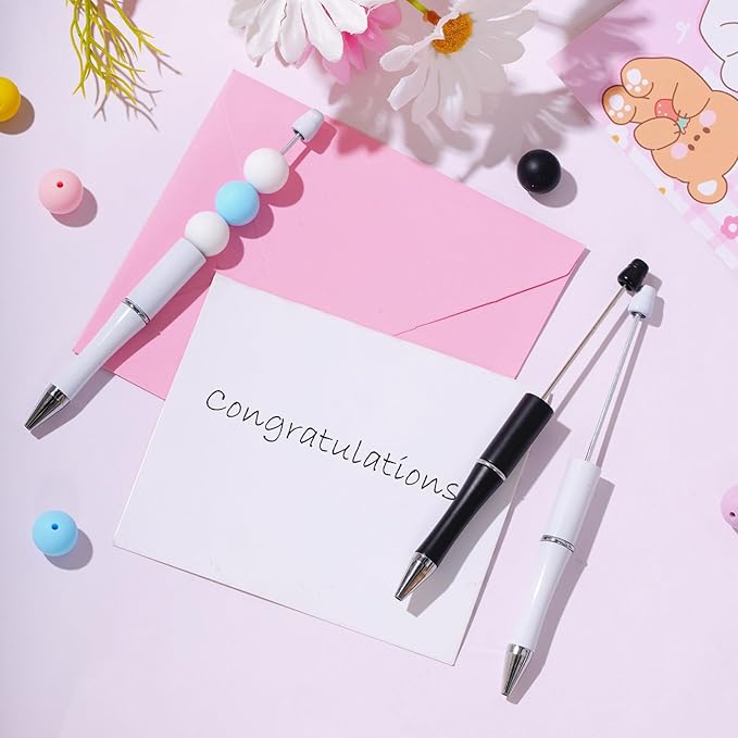 jiebor 30Pcs Beadable Pens Plastic Bead Ballpoint DIY Cute Cool Pens Black Ink for Women Men Bridal Graduation Gift Office Supplies Black White
