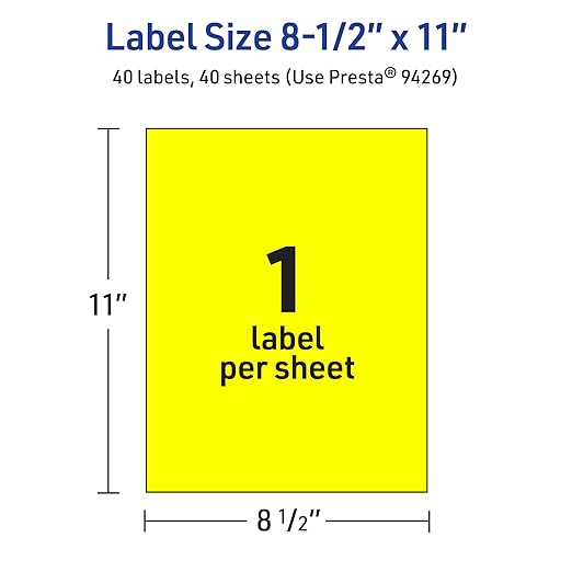 Avery Printable Sticker Paper, 8-1/2" x 11", Full-Sheet Labels, Neon Yellow Labels, Laser/Inkjet Printable, 40 Total, Great for Packaging and Stickers
