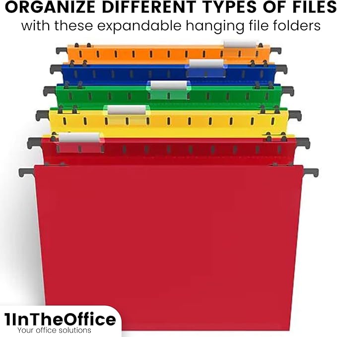 1InTheOffice Poly Expanding Hanging File Folders Letter Size, Hanging File Pocket, File Cabinet Dividers, Assorted,