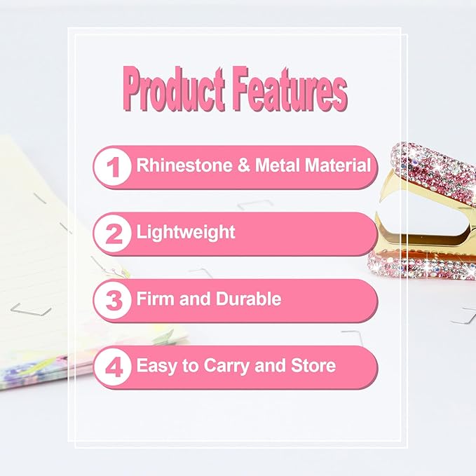 Multibey Rhinestone Staple Remover, Handmade Bling Crystal Gold Cute Staple Puller Tool for Desk, Dazzling Staples Puller Tool Mini Office Supplies & Desk Accessories for Women Office (Pink)