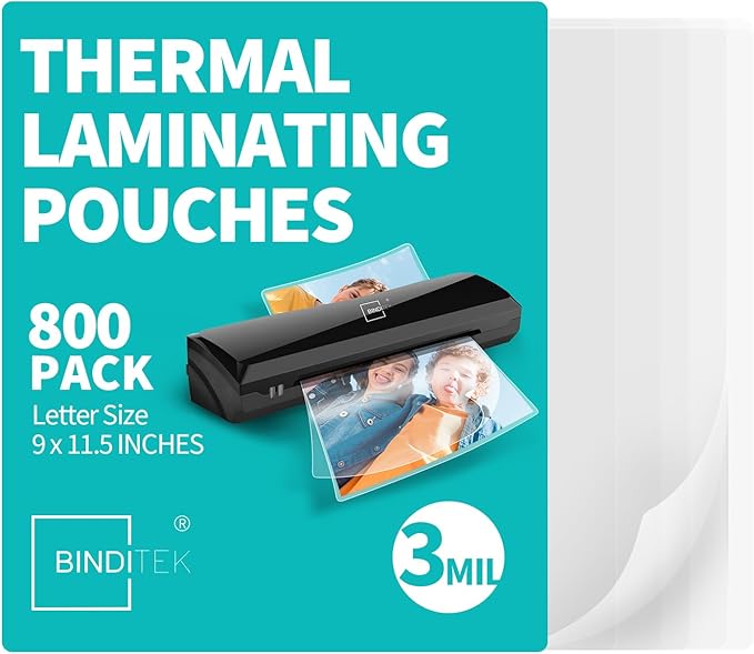 Binditek 800 Pack 3 Mil Laminating Sheets, 9x11.5 Inches Thermal Laminating Pouches, for Letter Size, Ultra Clear, Glossy, Hold 8.5x11 Inches, Heat Seal, Office School Supplies