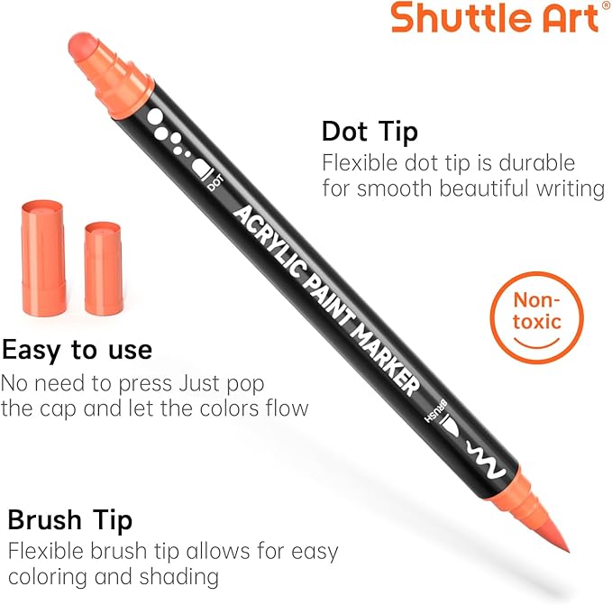 Shuttle Art 28 Colors Dual Tip Acrylic Paint Markers, Brush Tip and Dot Tip Acrylic Paint Pens for Rock, Ceramic, Wood, Canvas, Plastic, Glass, Stone, Calligraphy, Card Making, Crafts & Nail Art