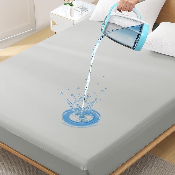 King Waterproof Mattress Protector - Noiseless, Breathable, Machine Washable Fitted Mattress Cover with Deep Pocket up to 5”-21”（Light Grey）