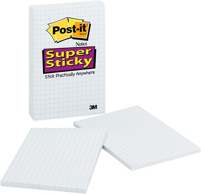 Post-it Super Sticky Notes, 4 in x 6 in, 2 Pads, 2X The Sticking Power, White with Blue Grid Lines, Recyclable (4621-2SSGRID)